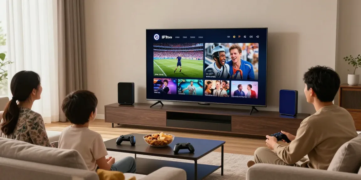 Family enjoying abbonamento iptv in a cozy living room with large TV