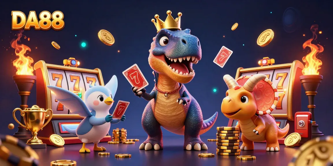 Engage and win with DA88 in this vibrant casino scene featuring a T-Rex shuffling cards.