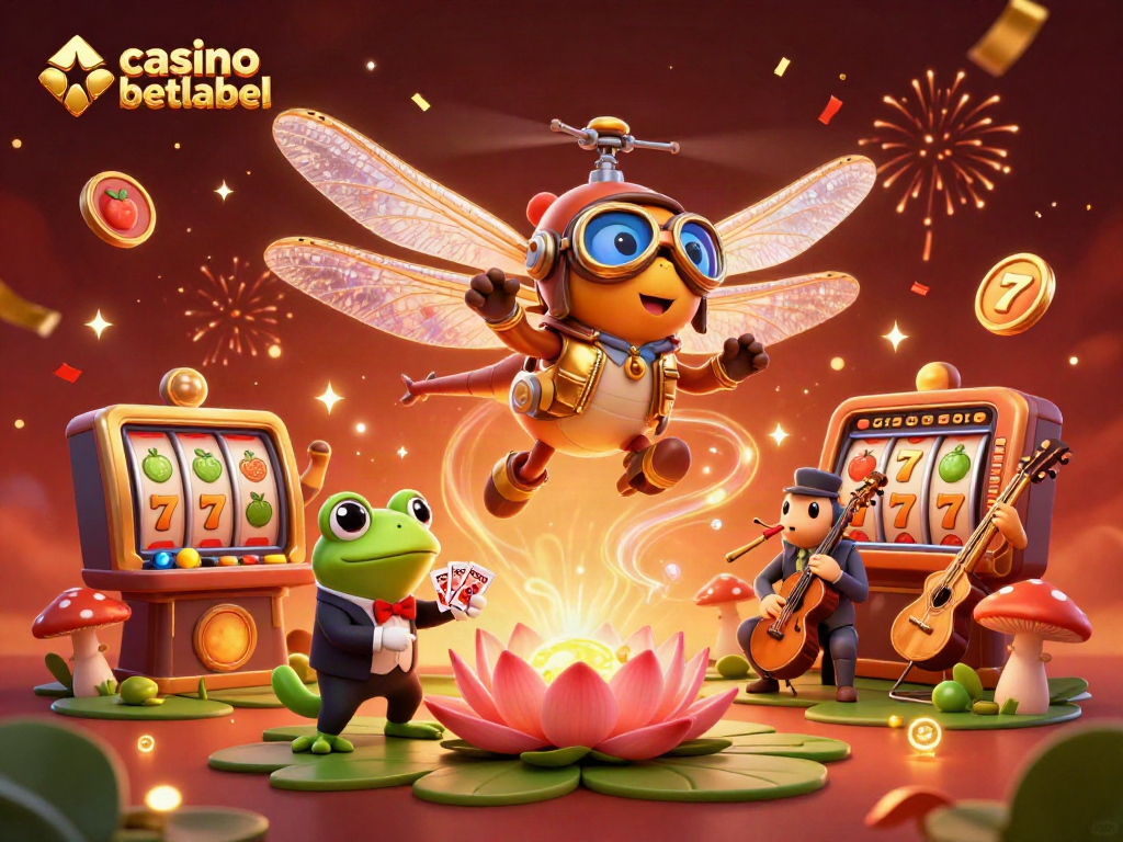 Place your bets at casino betlabel with a lively scene of a frog dealer and buzzing festivities.