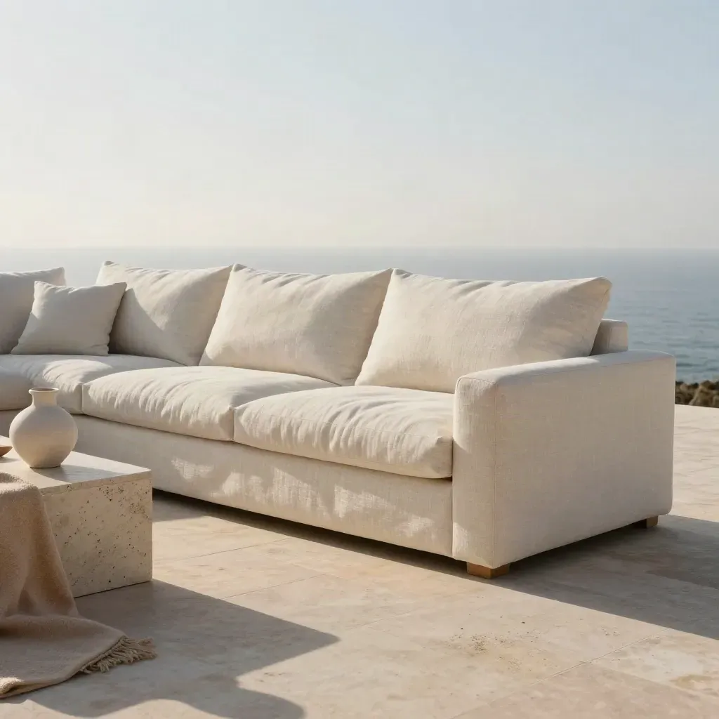 Divano in lino con tavolino in travertino, vaso in ceramica e plaid in luce mediterranea.