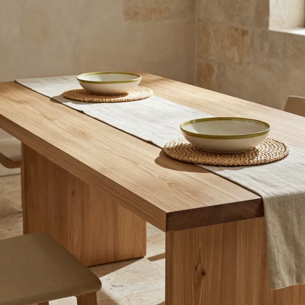 Tavolo in rovere con due ciotole ceramiche, runner di lino e sottopiatto intrecciato.