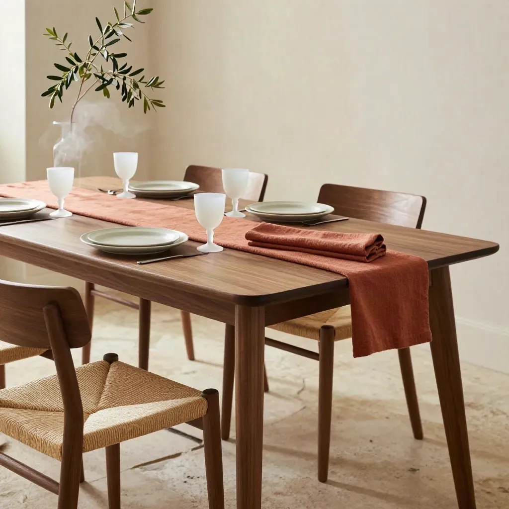 Tavolo da pranzo scuro con quattro sedie, piatti neutri e bicchieri opalini in sala calda.
