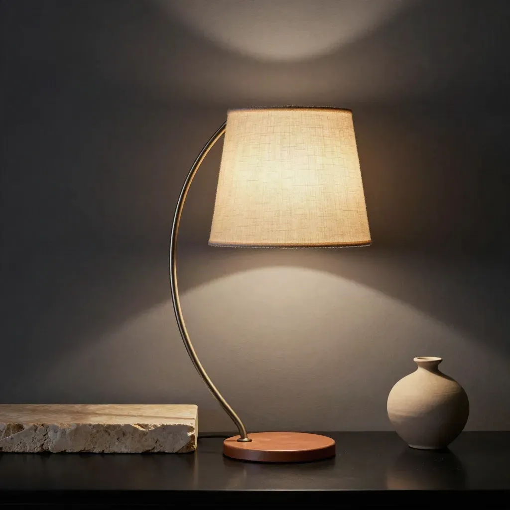 Lampada ad arco terracotta accesa su base in pietra con piccolo vaso, luce calda e atmosfera intima.