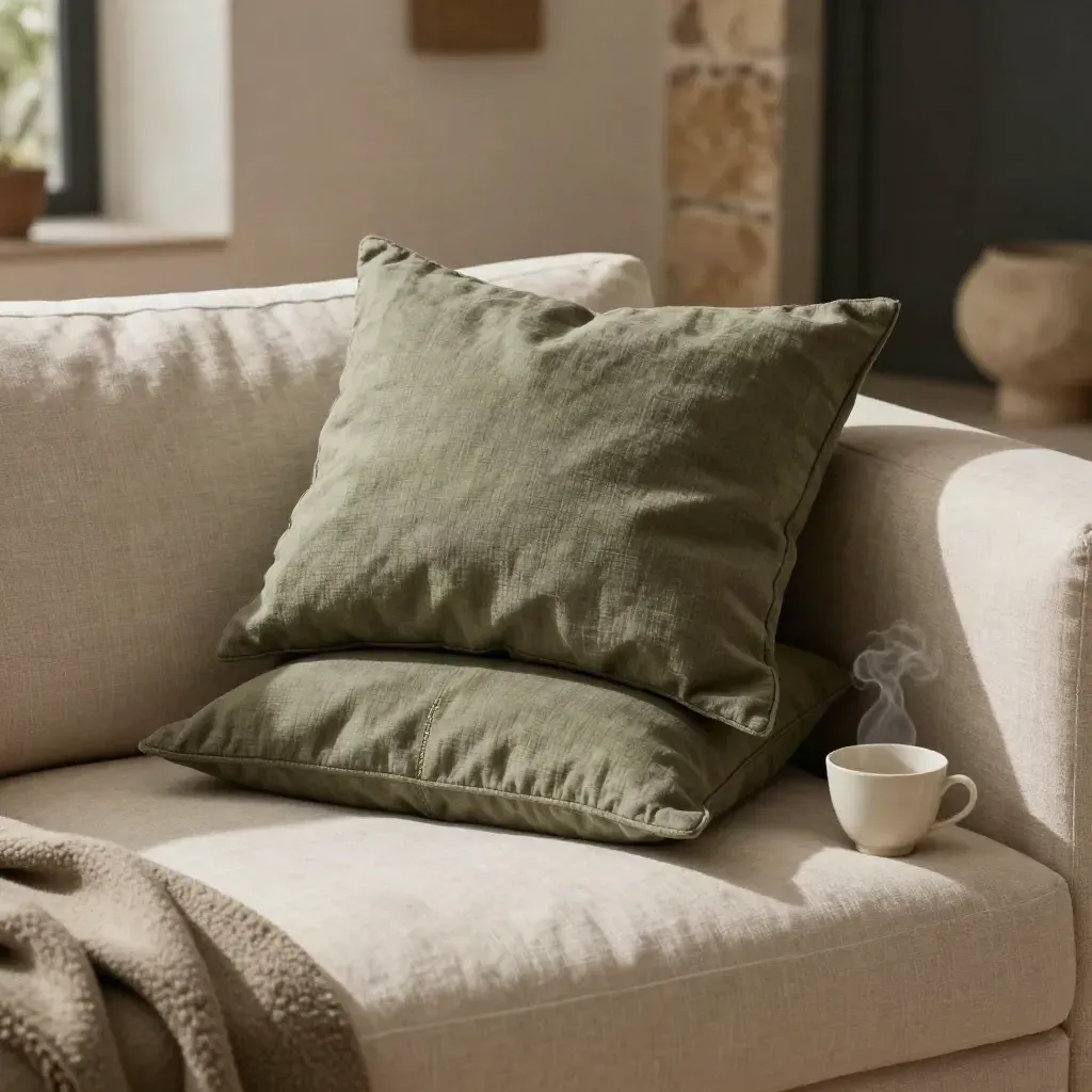 Cuscini in lino verde oliva su divano chiaro con tazza in ceramica e coperta di lana.
