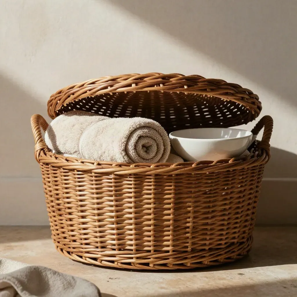 Contenitore basso in rattan con asciugamani arrotolati, panno piegato e piattino in ceramica