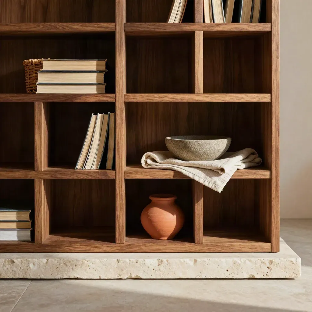 Scaffale in legno con cesta, libri chiusi, ciotola in pietra e lino su fondo caldo.