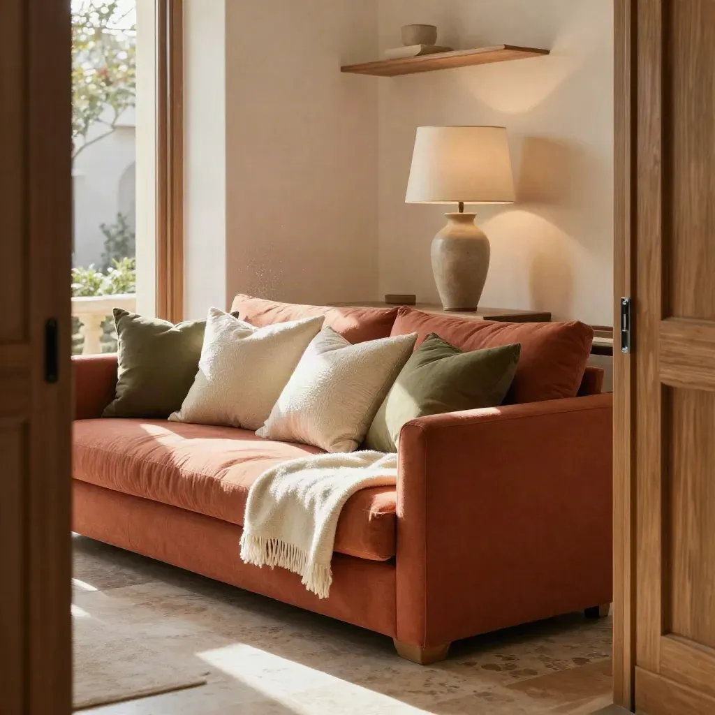 Divano terracotta, lampada e cuscini in un salotto italiano luminoso, caldo e ordinato.