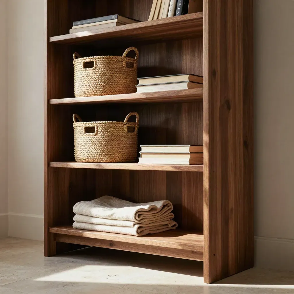 Libreria alta in legno con cestini intrecciati e libri chiusi, vista dal basso in luce calda.