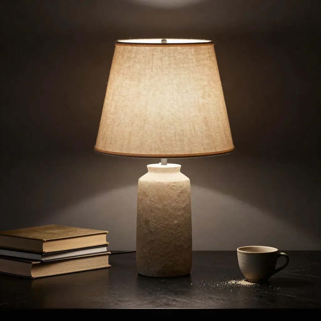 Lampada da tavolo accesa con libri chiusi e tazza su piano scuro