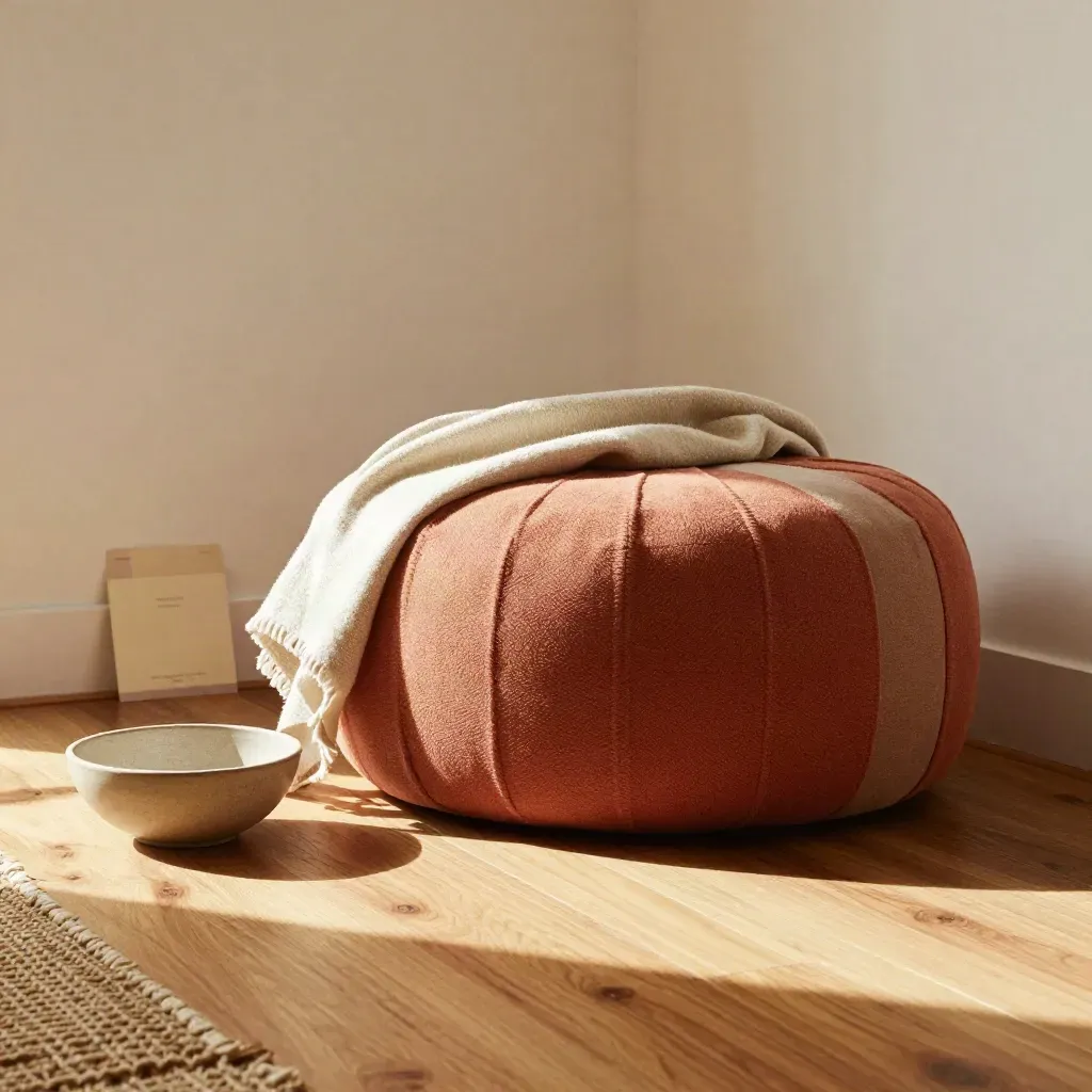 Pouf rotondo in cotone terracotta con coperta piegata e ciotola in ceramica.