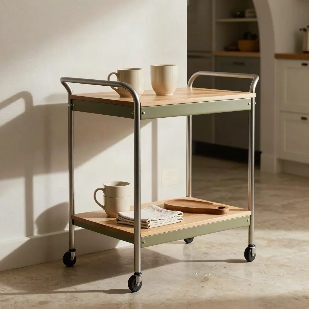 Carrello cucina verde oliva con tazze, tovaglioli e tagliere su pavimento in pietra.