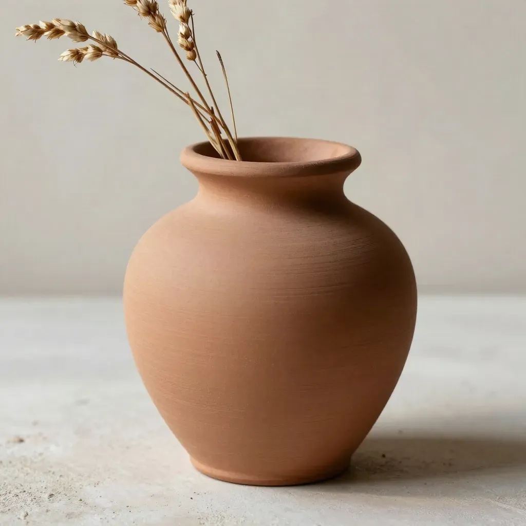 Vaso in ceramica terracotta con steli secchi, macro su fondo in gesso chiaro.