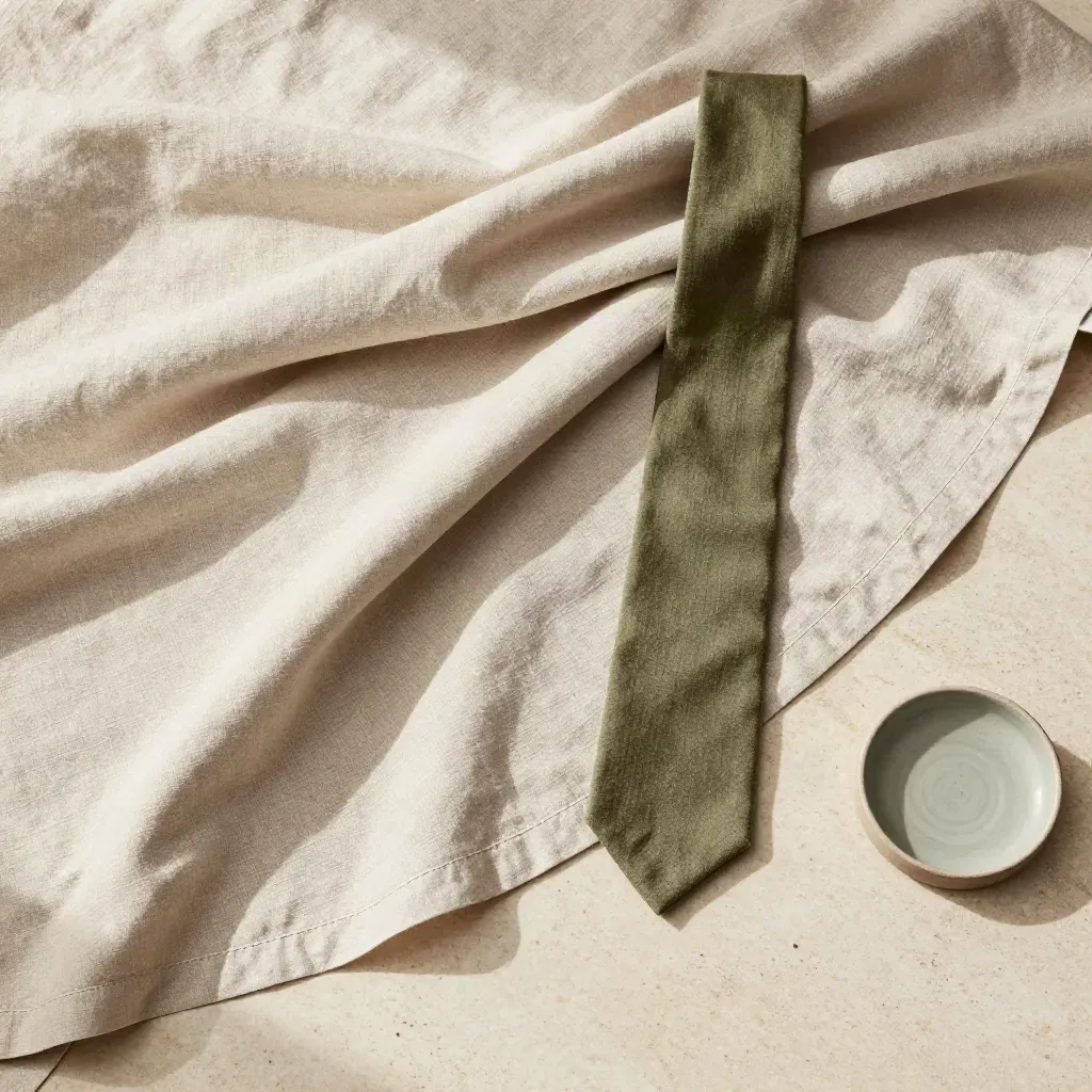 Coperta di lino piegata su lastra di travertino con accenti salvia