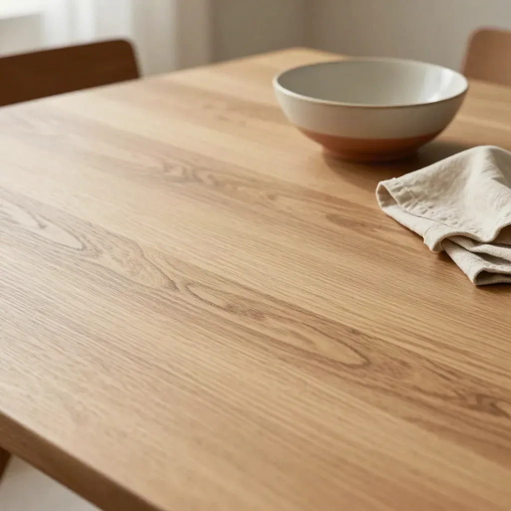 Tavolo in legno chiaro con ciotola in ceramica e sedia sfocata sullo sfondo
