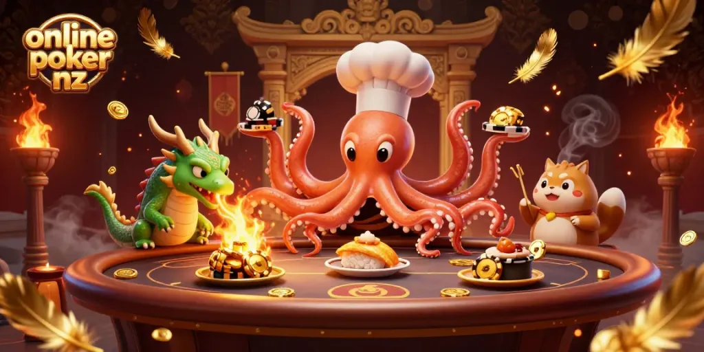 Engage in online poker nz with a dynamic scene of vibrant characters and poker-themed elements.