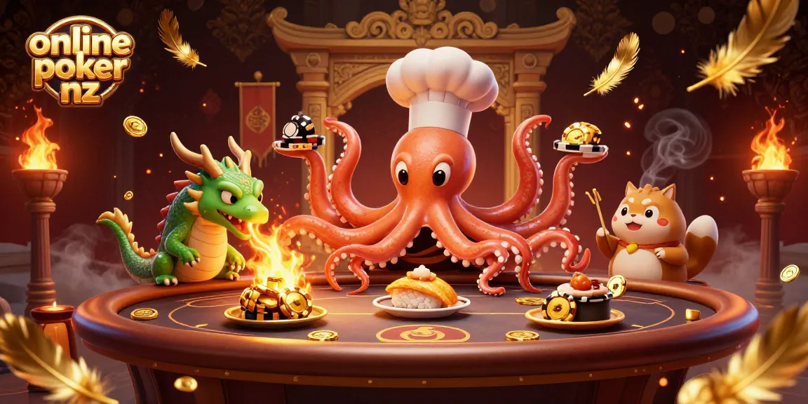 Engage in online poker nz with a dynamic scene of vibrant characters and poker-themed elements.