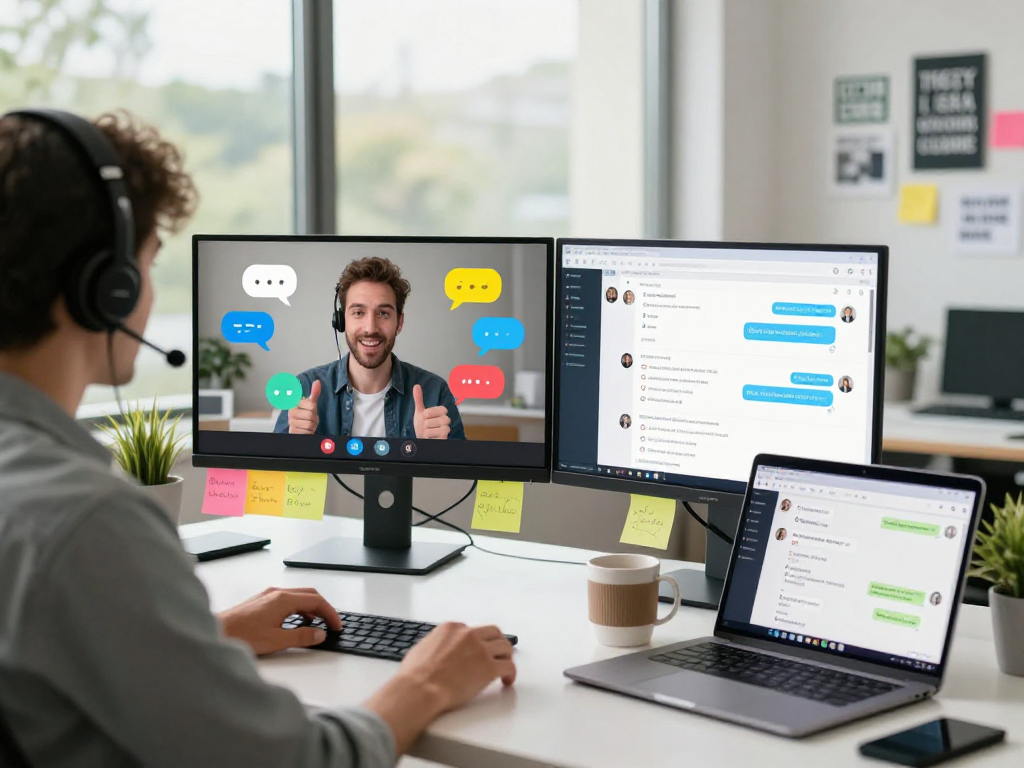 Juicy chat ai interactive scene with person engaged in dynamic video call in a modern tech workspace.