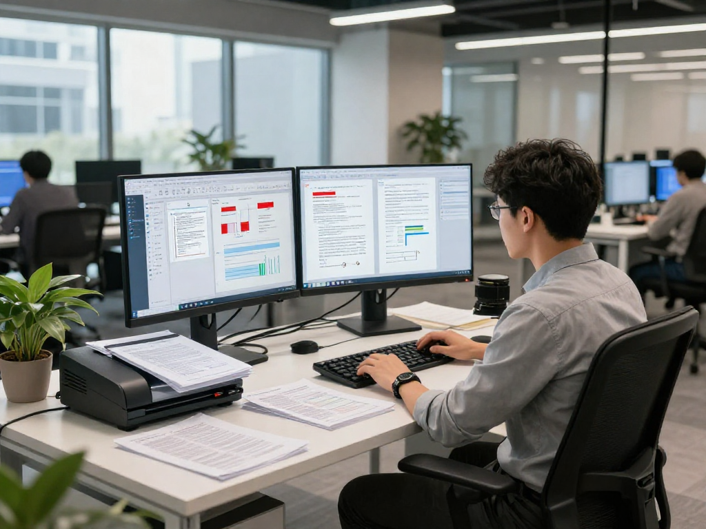 Document fraud detection analysis workstation with software tools and detailed reports in a modern office.